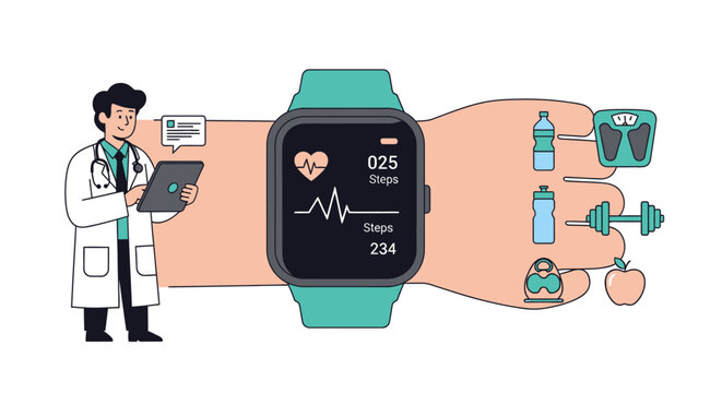 Doctor using a tablet to monitor a patient's health data displayed on a smartwatch, surrounded by health and fitness icons.