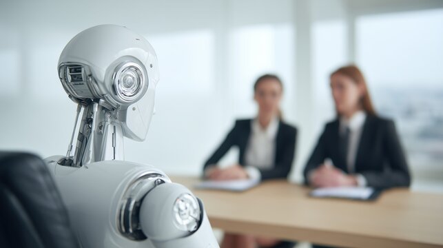 Automated recruitment and candidate screening with humanoid robot, ATS workflow and HR analytics concept