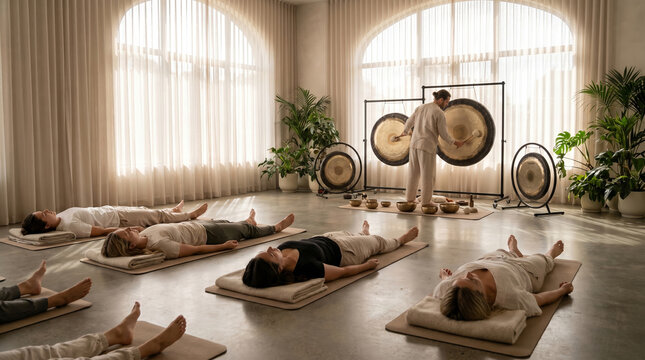 Sound healing therapist playing large gong for group lying on yoga mats with singing bowls in airy studio