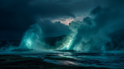 Fototapeta premium A dramatic seascape featuring turbulent waves under a stormy sky with a glowing turquoise hue light
