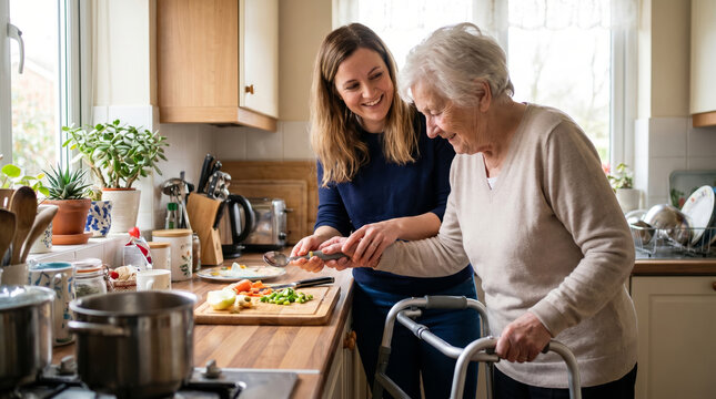 Young caregiver helping elderly woman with walker prepare vegetables in kitchen home care assistance