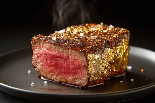 Extreme macro of premium medium-rare beef steak wrapped in edible 24k gold leaf, juicy meat texture with steam and sea salt on dark plate