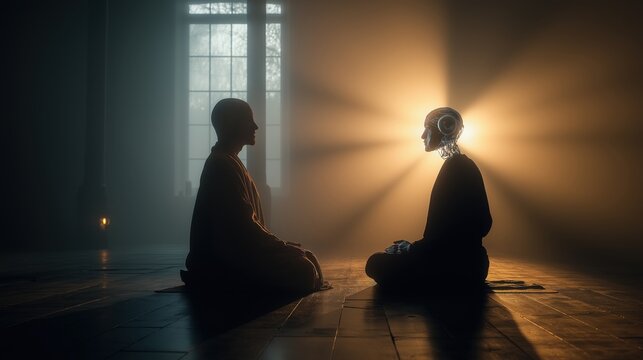 Human and Humanoid Robot Meditating Together at Sunset, Mindfulness and AI Connection
