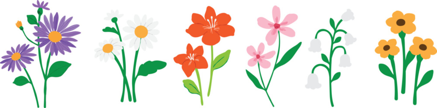 Colorful Spring Flower Clipart Set | Flat Hand Drawn Floral Elements Collection