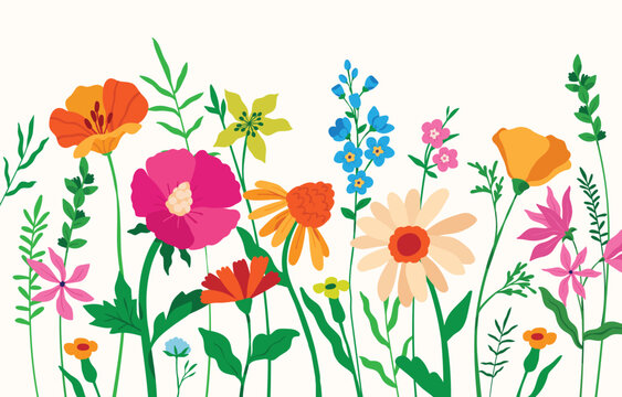 Colorful Wildflower Garden Background | Flat Hand Drawn Spring Floral Illustration