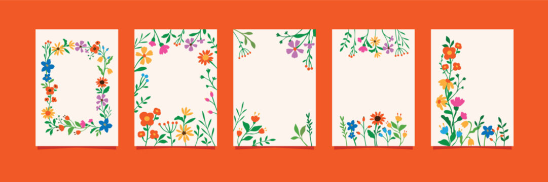 Colorful Spring Floral Frames and Borders Set &ndash; Hand Drawn Wildflower Card Templates Collection