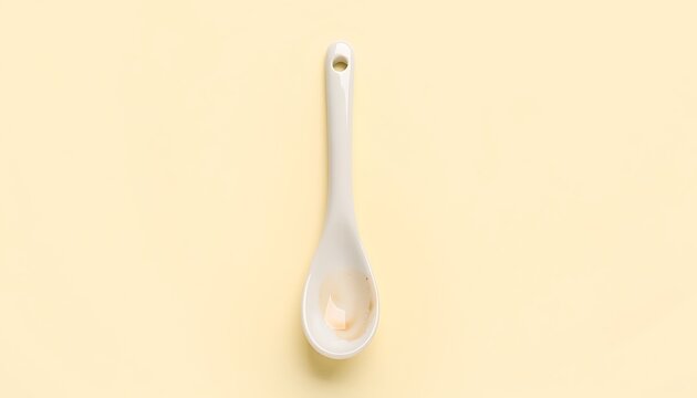 Clean white ceramic spoon on light yellow background isolated