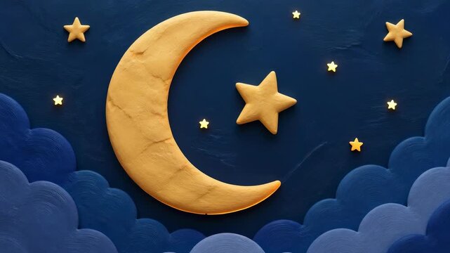 Textured clay crescent moon and golden stars float against a deep blue impasto backdrop, creating a beautiful piece of celestial art that captures the essence of a serene midnight night sky scene.