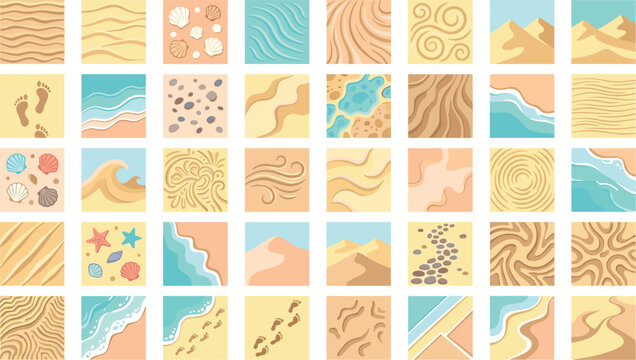 Beach sand textures and ocean wave patterns in square tiles for summer background surface concepts