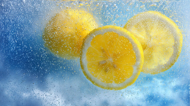 Sliced lemon with water droplets on a blue background