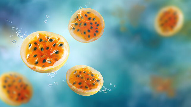 Sliced Citrus Fruit Floating in Water with Bubbles