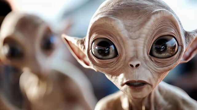 Group of friendly extraterrestrial beings seeing something with large black eyes, contemplating human existence and searching for universal knowledge, celebrating UFO day event