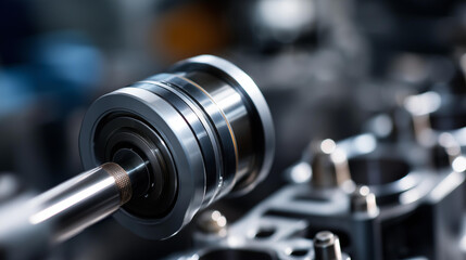 Fototapeta premium Close-up view of an internal combustion engine piston assembly showing mechanical precision and detailed component design. Piston assembly close-up, mechanical precision,