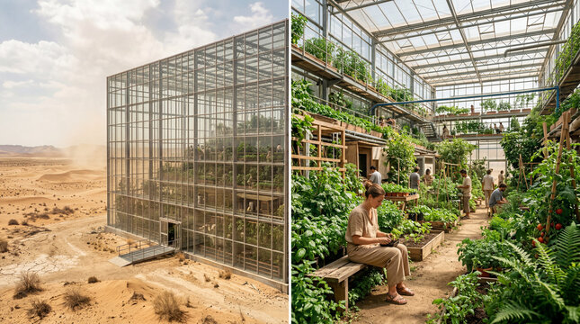 A photograph depicting life after desertification and drought. It was created using artificial intelligence.