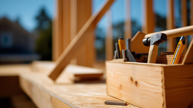 Open carpentry toolbox with hammer, square, and chisels neatly arranged on a plywood deck with unfinished house framing in the background in crisp midday light. Defocused
