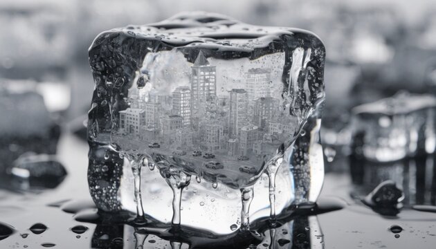 Surreal miniature city inside melting ice cube urban landscape macroscopic art icy roads dreamlike environment unique perspective