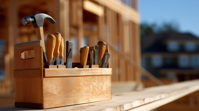 Open carpentry toolbox with hammer, square, and chisels neatly arranged on a plywood deck with unfinished house framing in the background in crisp midday light. Defocused