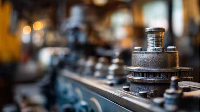 Close-up of a vintage complex internal combustion engine assembly showing aged metal components and intricate mechanical structure. Defocused workshop background. Vintage engine