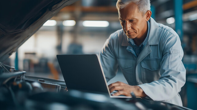 Faceless senior male mechanic in a light coverall leaning over an open engine hood in a shop inspecting with a laptop for a diagnostic concept. Defocused shop background. Senior