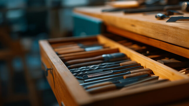 Close-up of an open wooden toolbox filled with woodworking chisels and hand tools neatly organized within drawers for a craftsmanship concept. Wooden toolbox chisels, organized