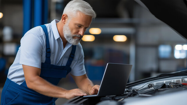Faceless senior male mechanic in a light coverall leaning over an open engine hood in a shop inspecting with a laptop for a diagnostic concept. Defocused shop background. Senior