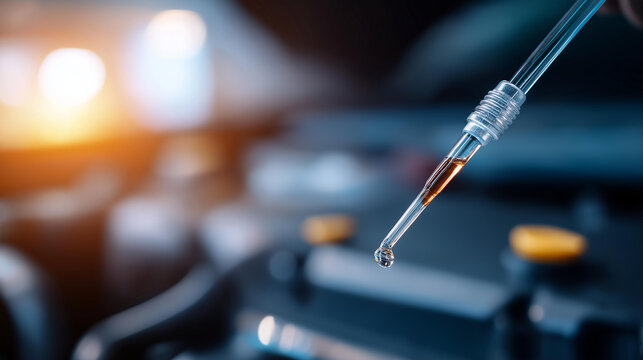 Close-up of a plastic oil dipstick from an internal combustion engine generator in a detailed automotive maintenance concept. Defocused background. Oil dipstick close-up,