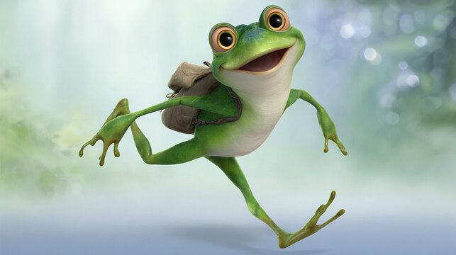 Animated frog character leaping with a backpack in a soft focus background