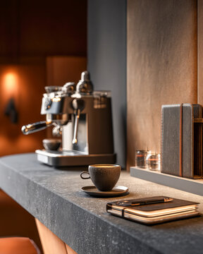 Espresso Machine and Notebook on Stone Counter