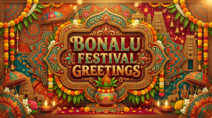 Fototapeta premium Traditional ornament frame with marigold flowers and oil lamps for happy bonalu festival greetings card on religious temple background 