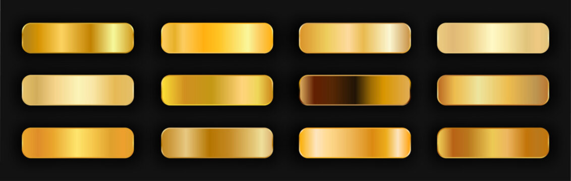 Realistic gold gradient texture pack 12 in 1. Fill and stroke effects. Shiny golden metal foil gradient set. Golden buttons with shadows. Vector illustration