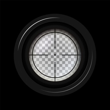 Photorealistic detailed sniper rifle scope aim isolated on black background. Crosshair holographic sight. Aim shoot focus cursor. Bullseye mark targeting. Game aiming sight dot pointer. Vector illustr