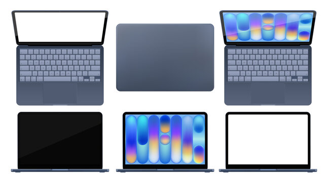 Photorealistic detailed blue notebook mockup. Front, rear and opened view of notebook with keyboard isolated on transparent background. Vector PNG