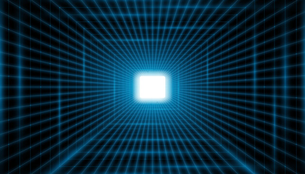 Realistic yellow digital portal to virtual reality. Sci-fi square glowing portal. 3D line wormhole tunnel. Vector illustration