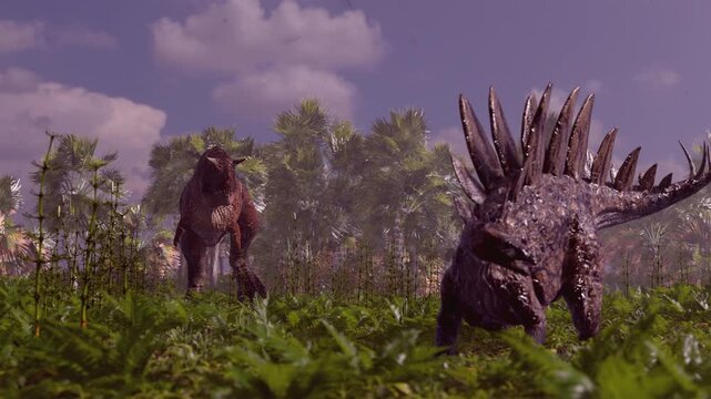 4k 3d animation of Carnotaurus hunts a plated Stegosaurus through a lush fern forest and palm trees. Prehistoric struggle