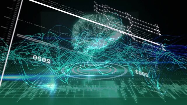 Holographic brain hovering grid as white bar sweeping, waveforms growing, 2008 2014 drawing focus
