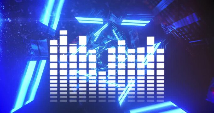 White equalizer grid pulsing to audio beat, blue tubes rotating inward revealing hexagonal core