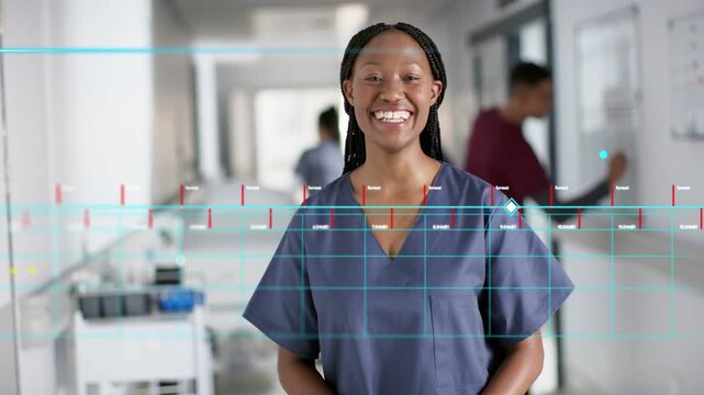 Nurse in navy scrubs speaking to camera and presenting clinical data, HUD diamond marker overlaying