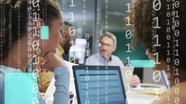 Two women tapping laptop causing binary digits and teal message boxes highlighting business data