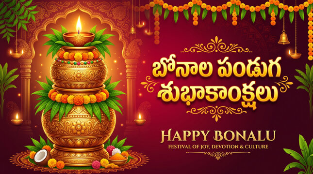 Golden ritual pots with marigold garlands and glowing diya lamp for celebration of happy bonalu festival on red traditional temple background
