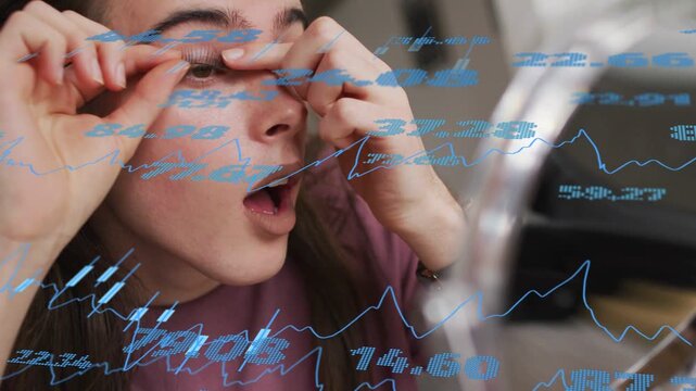 Woman lifting eyelid, aligning and pressing lash strip at mirror, blue graphs overlaying for beauty