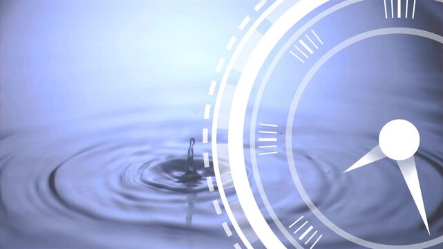 Droplet falling hitting pool forming crown jet rising ripples rippling HUD rotating showing tech