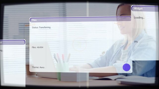 Woman at desk typing, tech initiating file sync, Files panel and Widget loading 9% overlaying desk
