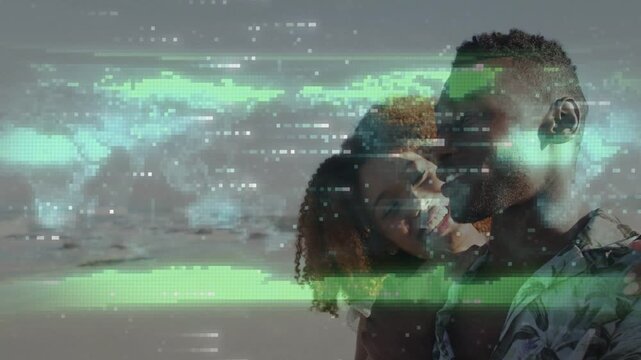 Couple leaning and smiling on shore, green glitch bars sweeping across faces creating tech overlay