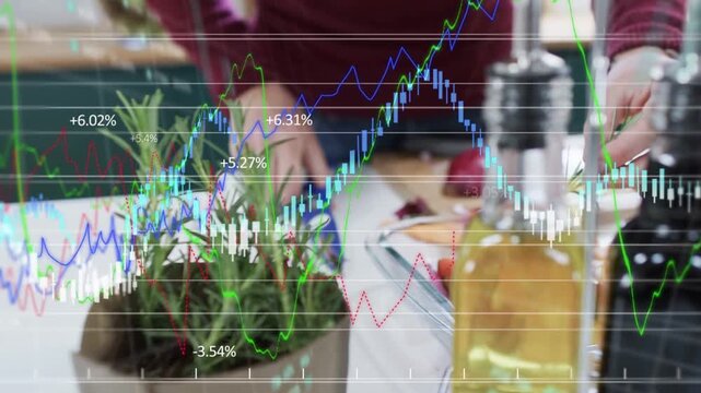 Home cook snipping herb with blue scissors, causing finance graphs floating over seasoning veg tray