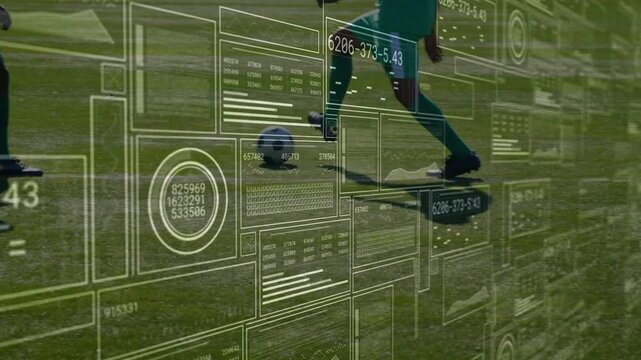 Green players tapping ball, passing in soccer drill while red-kit closing, HUD scrolling over feet