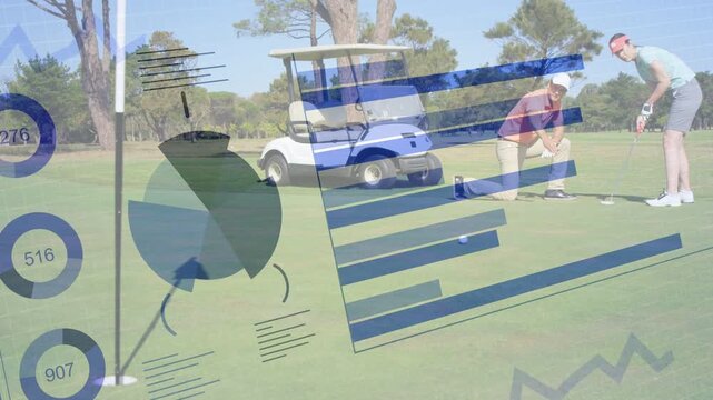 Woman kneeling marking ball to align putt, partner watching, golf data charts sliding over green