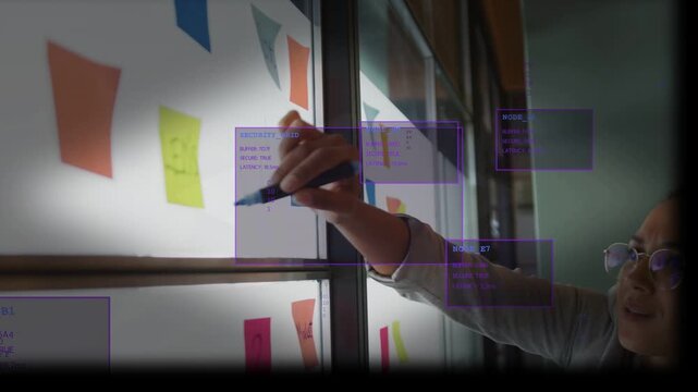 Marker touching blue sticky note, woman writing on glass, purple UI boxes annotating business plan