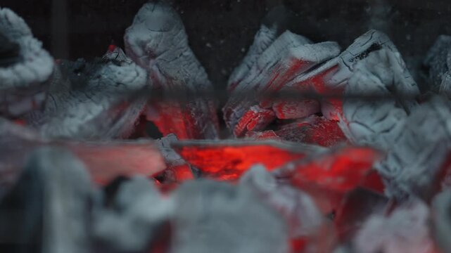 Macro closeup glowing ember bed revealing luminous red coal heart, ash textures and soot particles drifting, slow smoldering motion, cinematic moody palette, versatile for forge blacksmith scenes,