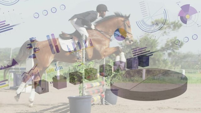 Male rider nearing jump leaning while horse taking off to clear jump sports charts following rider