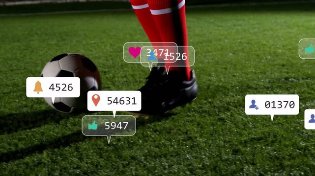 Soccer player shifting and lifting foot on night turf, flicking ball while badges and counts rising